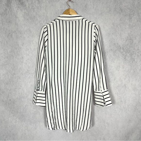 White and black strip button down long sleeve shirt wrap dress linen - Picture 8 of 13